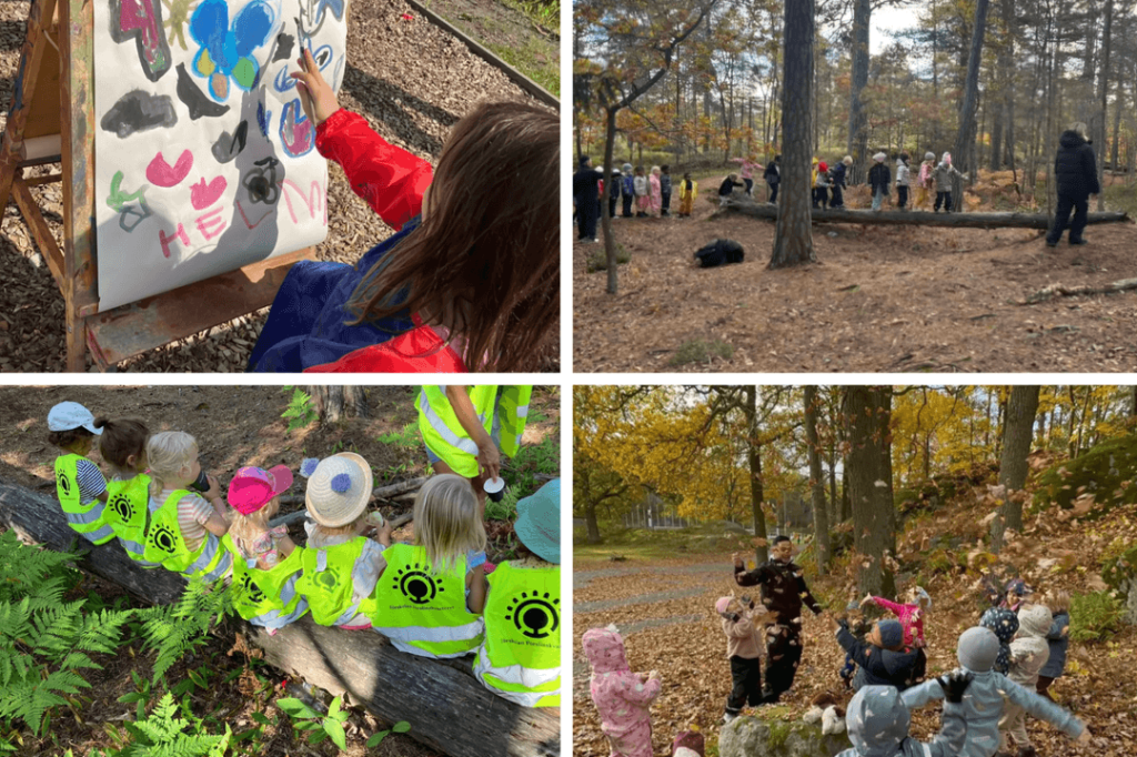 Ett kollage med fyra bilder från en naturförskola. Barn målar på en stor målarduk utomhus, leker och utforskar skogen i höstmiljö samt sitter tillsammans på en fallen trädstam iklädda färgglada reflexvästar. I den sista bilden deltar barnen i en lekaktivitet med en vuxen bland höstlöven.