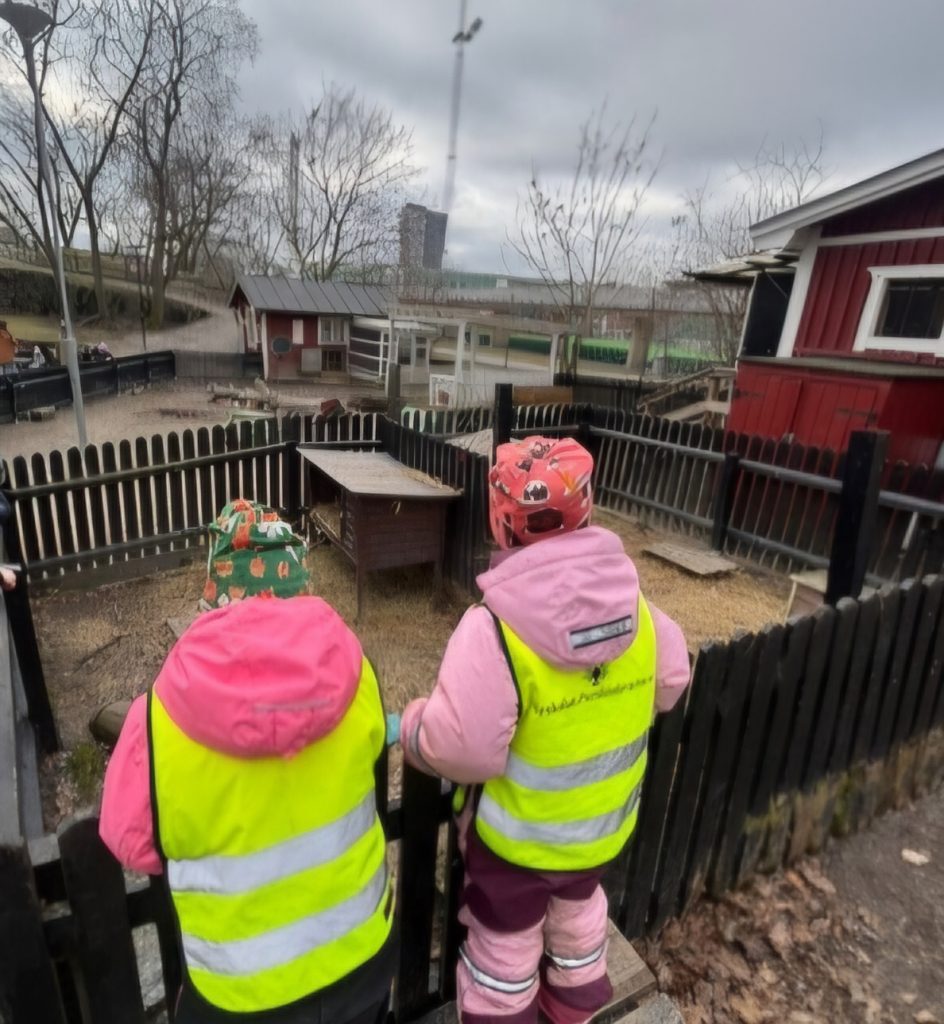 Två barn i gula reflexvästar och rosa mössor tittar in i en djurhage med ett litet rött hus och halm, under en molnig himmel.