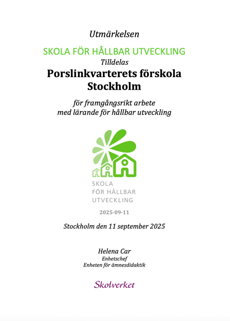 Skolverkets diplom "Skola för hållbar utveckling".